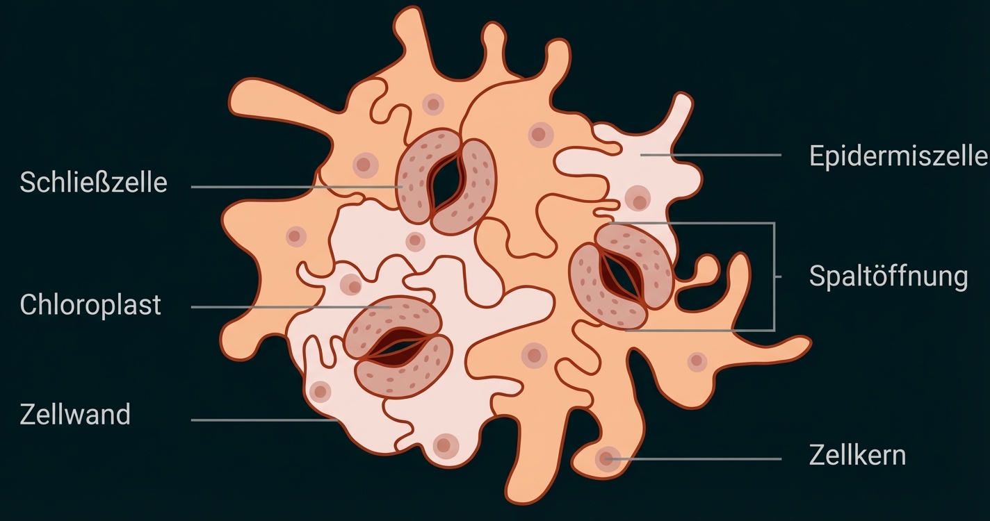 Schematische Darstellung von Epidermiszellen einer Pflanze mit Spaltöffnungen, Schließzellen und Chloroplasten.